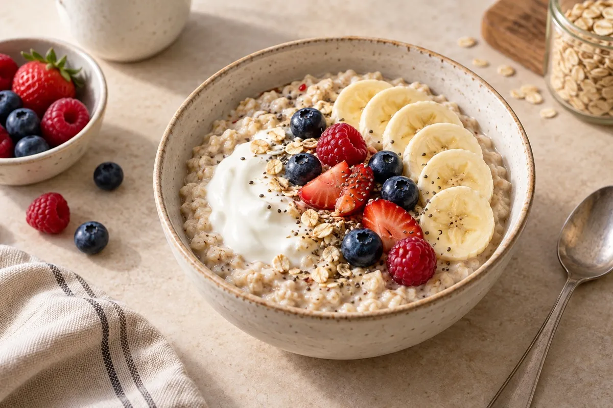 Avena con yogurt, plátano, fresas y moras azules