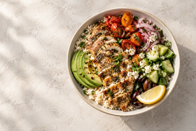 Bowl de arroz con pollo asado, pepino, jitomate y limón