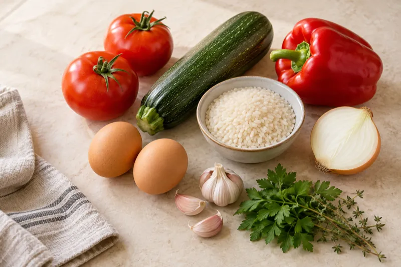 Jitomates, calabacita, pimiento, huevos, arroz, ajo y perejil sobre una mesa