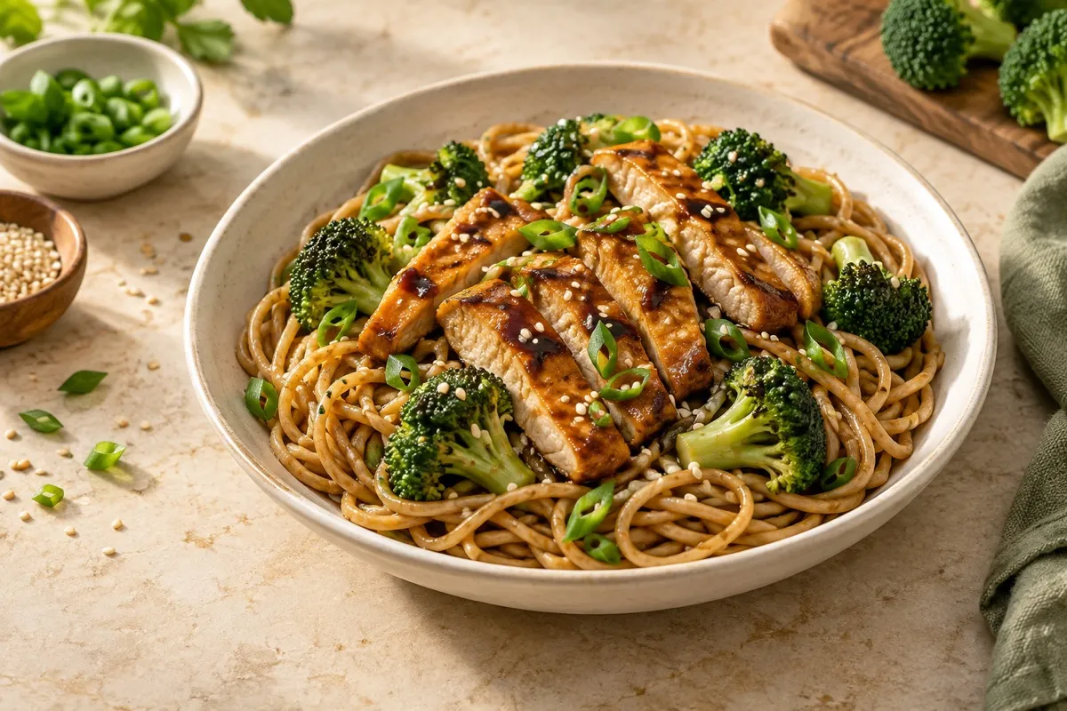 Pasta integral con pollo teriyaki, brócoli y cebollín