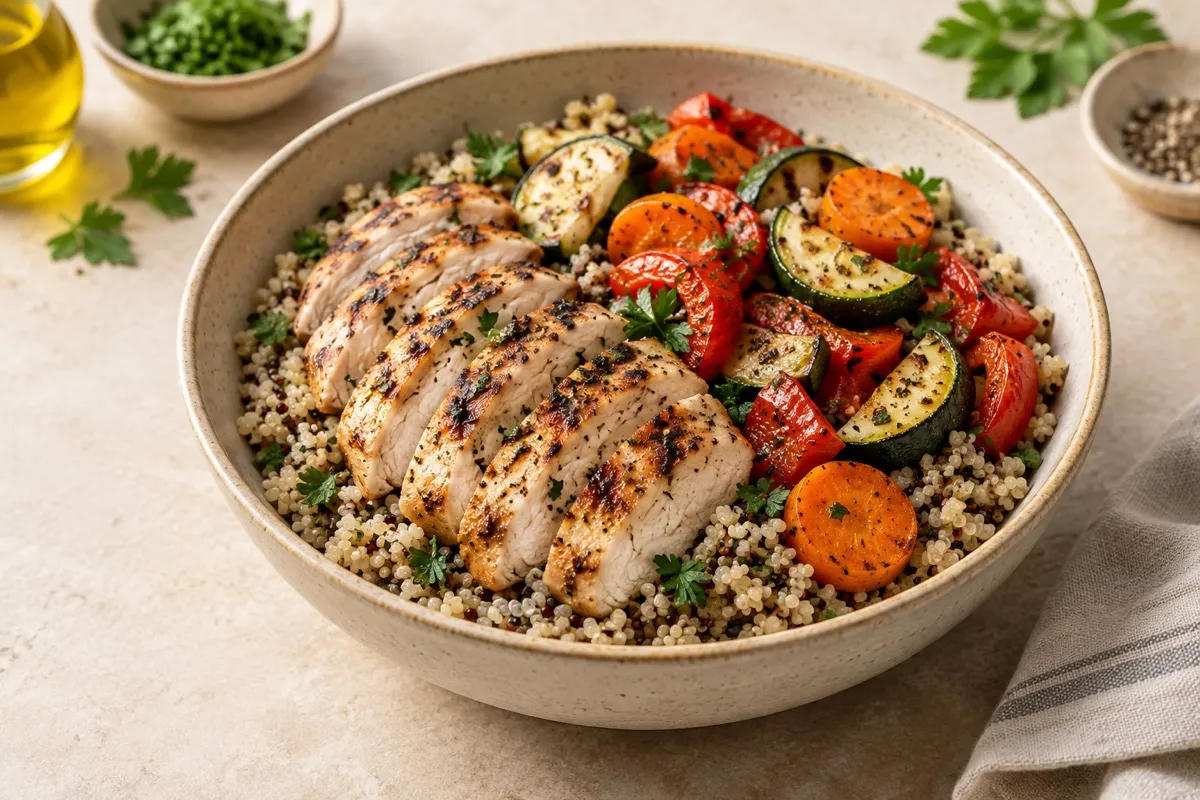 Bowl de quinoa con pollo a la parrilla, calabacita, pimiento y zanahoria