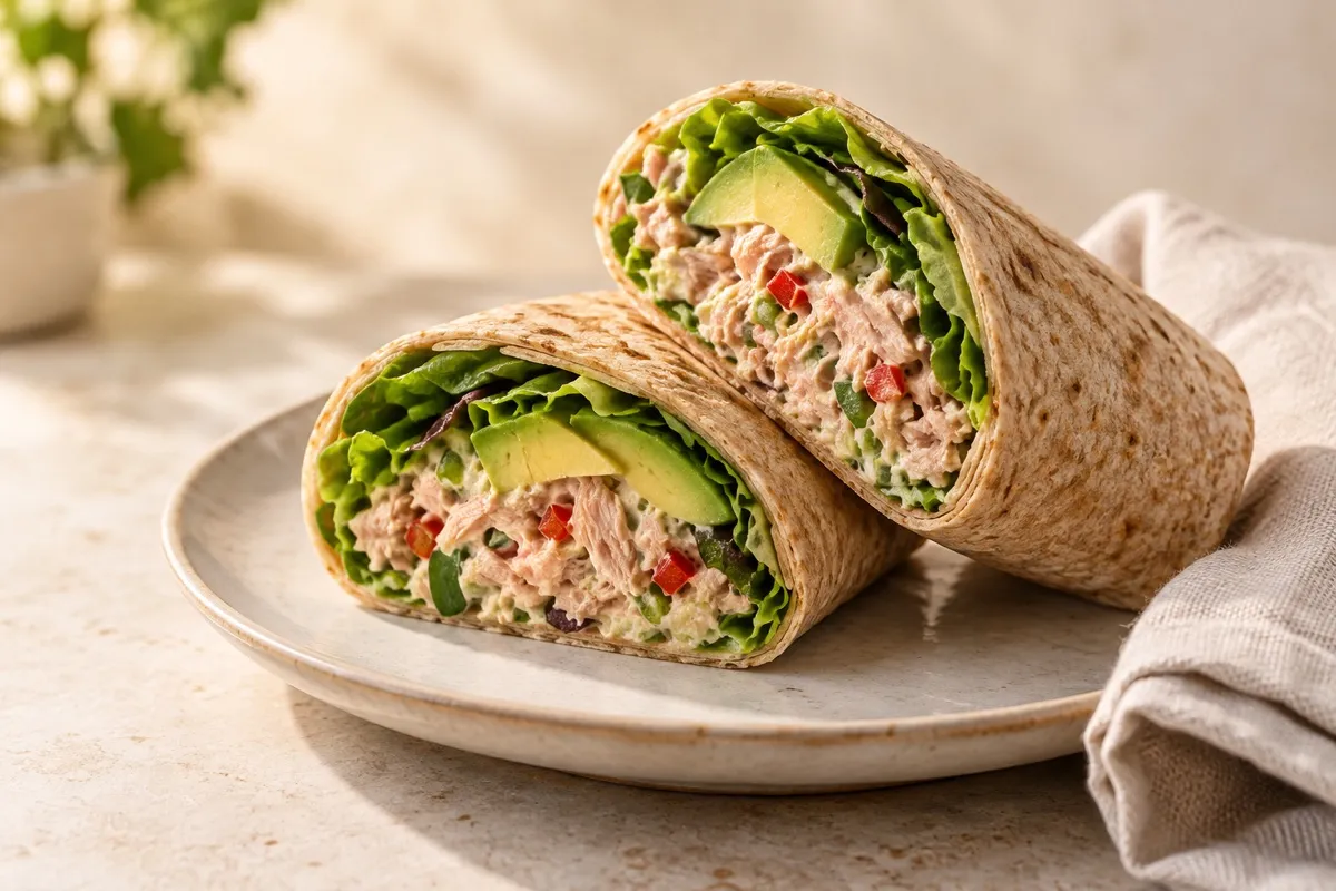 Wrap de atún con aguacate y lechuga cortado a la mitad