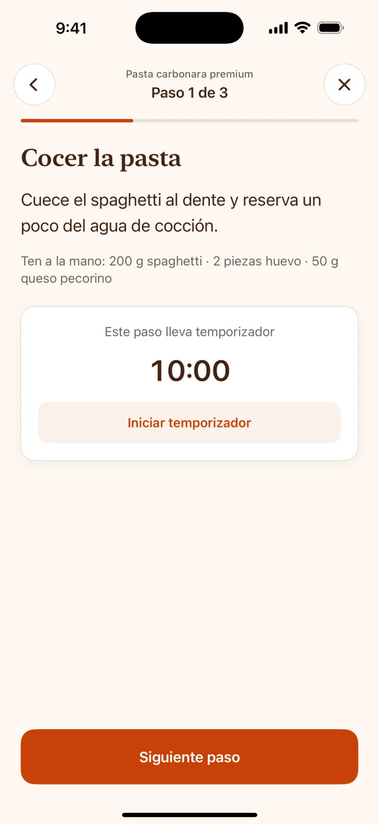Modo cocina de Cooky con el paso actual en letra grande y un temporizador