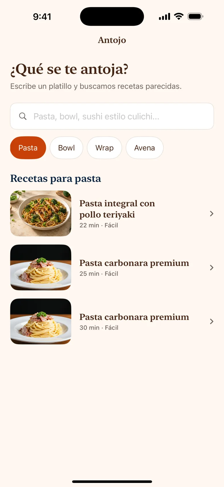 Pantalla Tengo un antojo, donde escribes el platillo que se te antoja