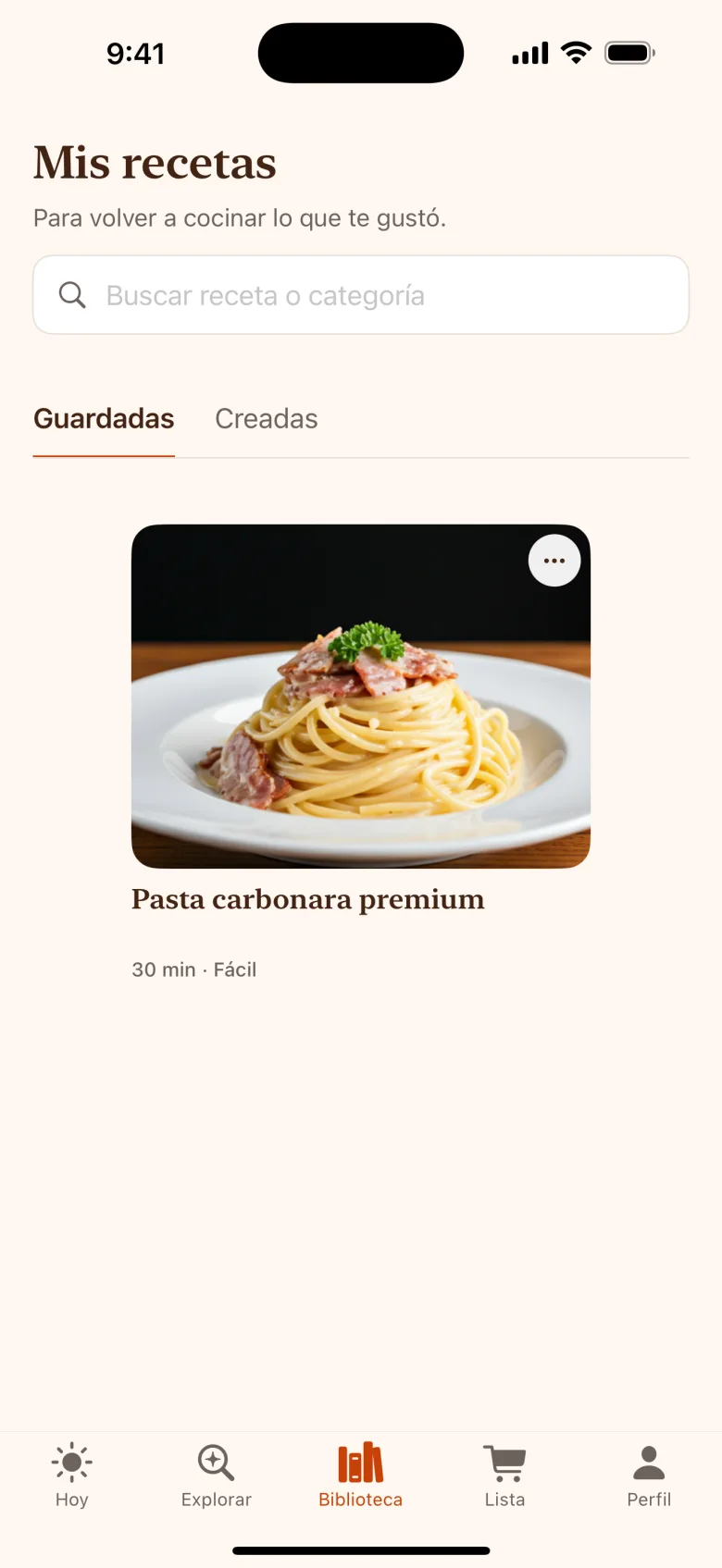 Biblioteca personal con tus recetas guardadas