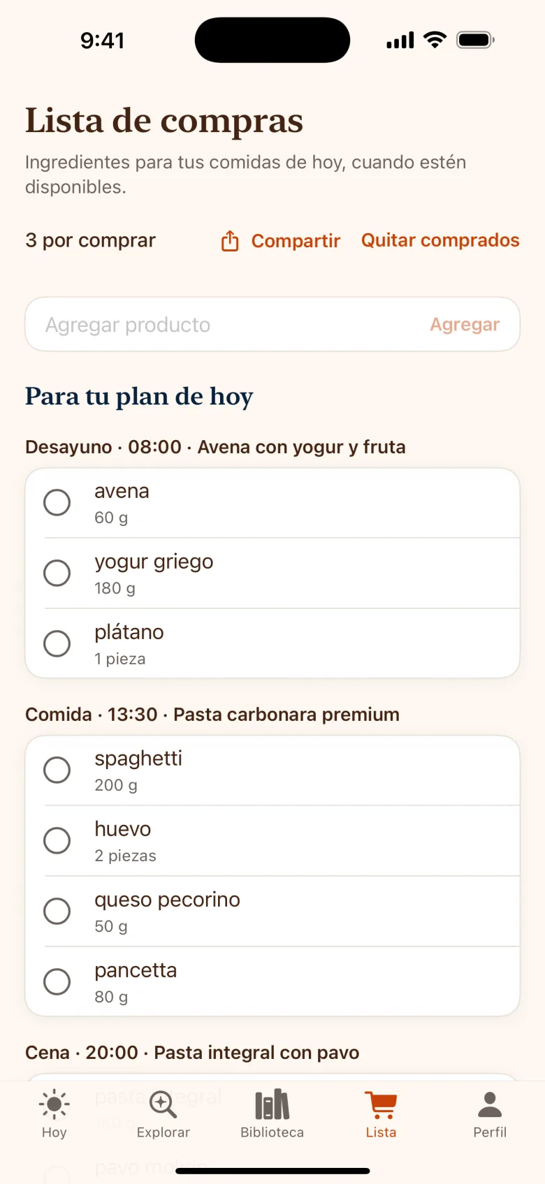 Lista de compras armada a partir del plan del día